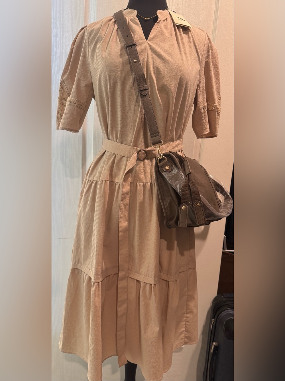 Bundle - Midi Dress with Belt, Coles and Brooks bag and necklace.